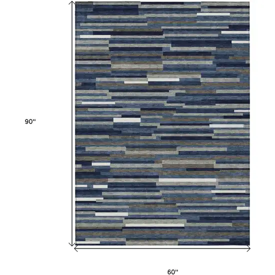 Navy Blue Gray And Ivory Striped Washable Indoor Outdoor Area Rug Photo 3