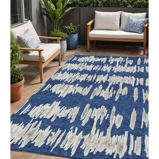 Navy Blue Gray And Ivory Striped Washable Indoor Outdoor Area Rug Photo 1