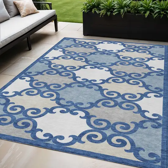 Navy Blue Gray And Ivory Trellis Washable Indoor Outdoor Area Rug Photo 1