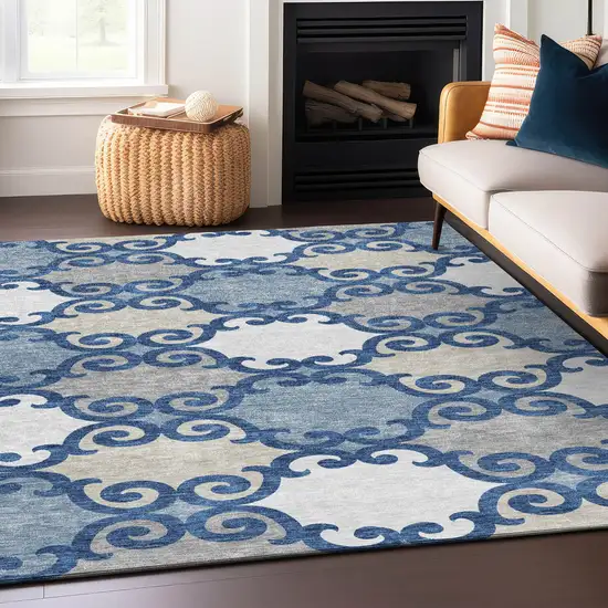 Navy Blue Gray And Ivory Trellis Washable Indoor Outdoor Area Rug Photo 7