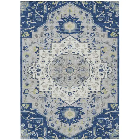 Navy Blue Ivory And Gray Oriental Washable Indoor Outdoor Area Rug Photo 2
