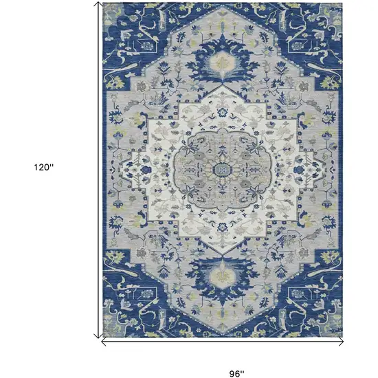 Navy Blue Ivory And Gray Oriental Washable Indoor Outdoor Area Rug Photo 6