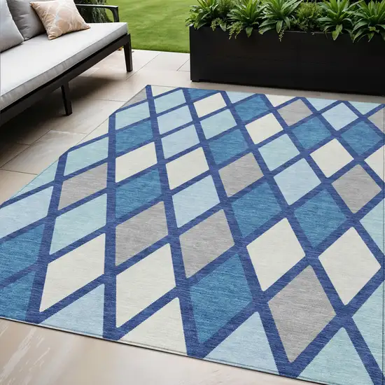 Navy Blue Sky Blue And Ivory Geometric Washable Indoor Outdoor Area Rug Photo 1