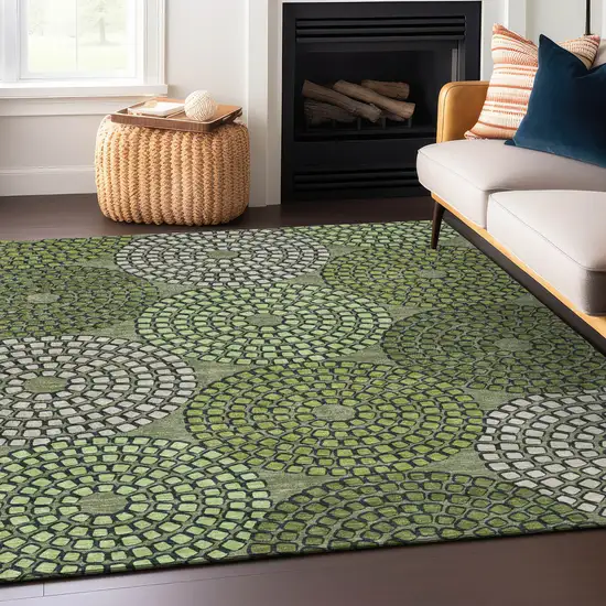 Olive Green And Beige Geometric Washable Indoor Outdoor Area Rug Photo 9