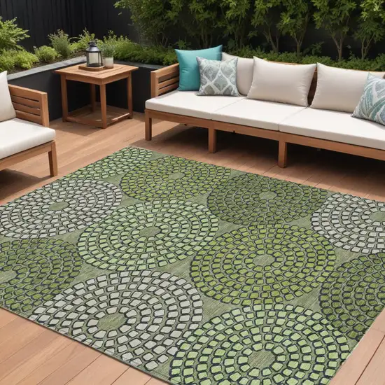 Olive Green And Beige Geometric Washable Indoor Outdoor Area Rug Photo 1