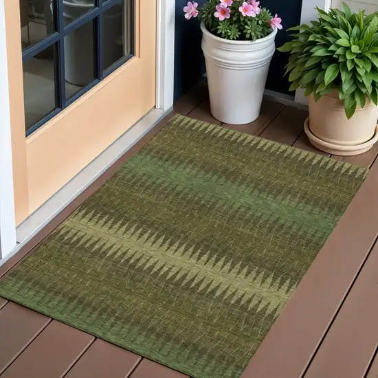 Olive Green And Dark Green Striped Washable Indoor Outdoor Area Rug Photo 1