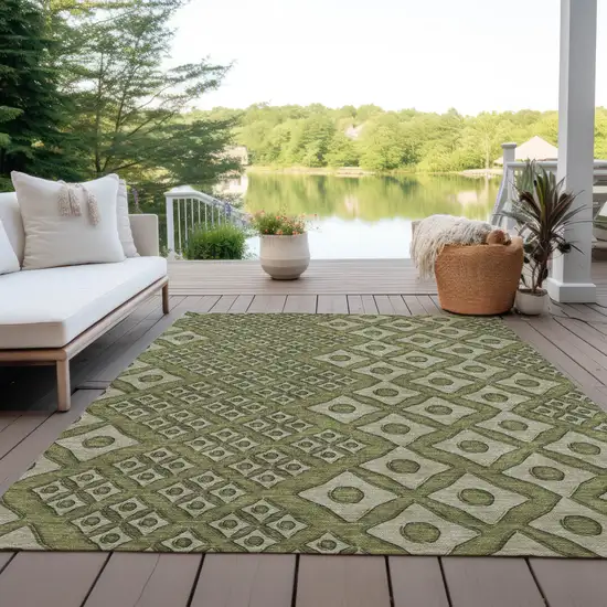 Olive Green And Gray Geometric Washable Indoor Outdoor Area Rug Photo 8