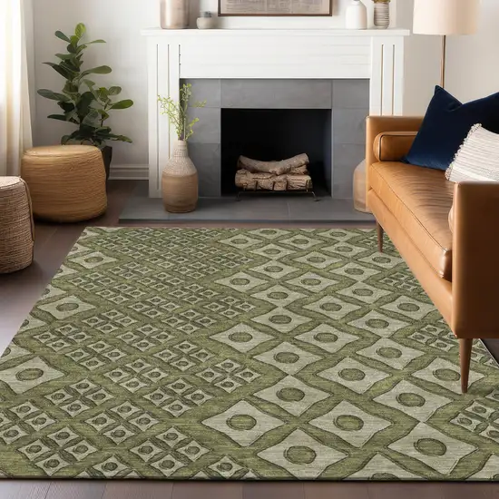 Olive Green And Gray Geometric Washable Indoor Outdoor Area Rug Photo 9