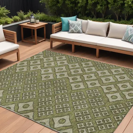 Olive Green And Gray Geometric Washable Indoor Outdoor Area Rug Photo 1