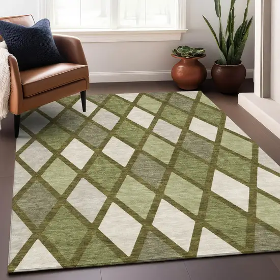 Olive Green And Gray Geometric Washable Indoor Outdoor Area Rug Photo 9