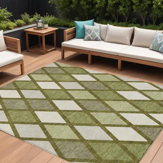 Olive Green And Gray Geometric Washable Indoor Outdoor Area Rug Photo 1