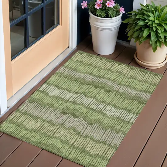 Olive Green And Gray Striped Washable Indoor Outdoor Area Rug Photo 1