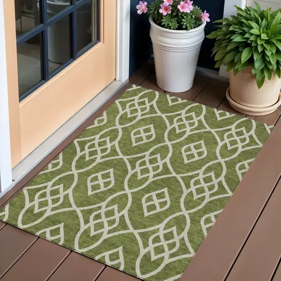 Olive Green And Ivory Trellis Washable Indoor Outdoor Area Rug Photo 1