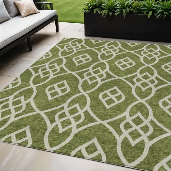 Olive Green And Ivory Trellis Washable Indoor Outdoor Area Rug Photo 1