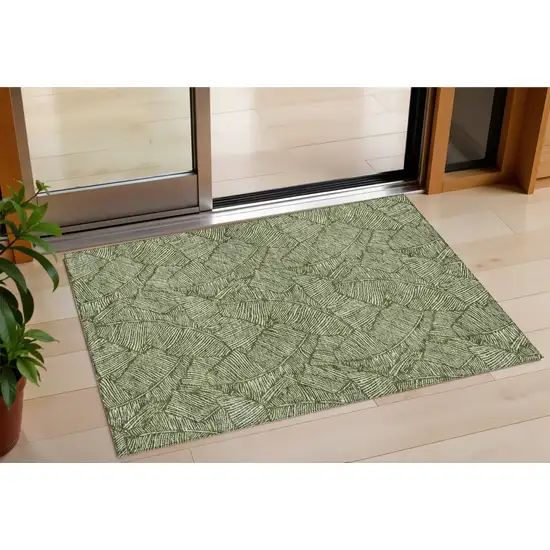 Olive Green And Light Green Floral Washable Indoor Outdoor Area Rug Photo 1