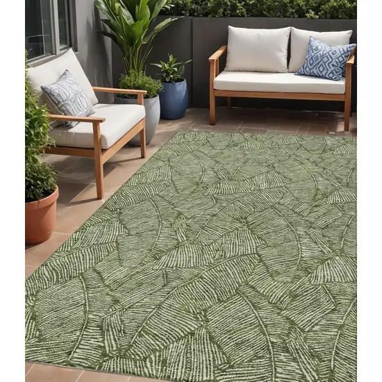 Olive Green And Light Green Floral Washable Indoor Outdoor Area Rug Photo 1