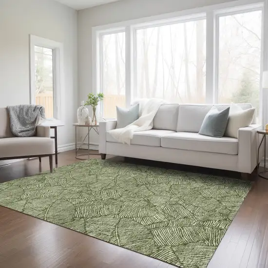 Olive Green And Light Green Floral Washable Indoor Outdoor Area Rug Photo 9