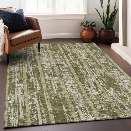 Olive Green Dark Green And Beige Striped Washable Indoor Outdoor Area Rug Photo 9