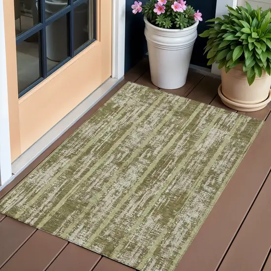 Olive Green Dark Green And Beige Striped Washable Indoor Outdoor Area Rug Photo 1