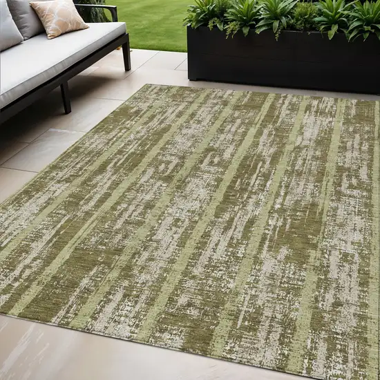 Olive Green Dark Green And Beige Striped Washable Indoor Outdoor Area Rug Photo 1