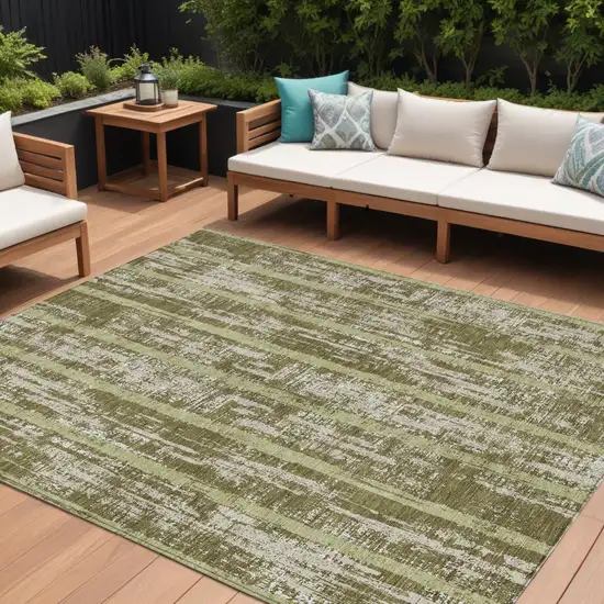 Olive Green Dark Green And Beige Striped Washable Indoor Outdoor Area Rug Photo 1