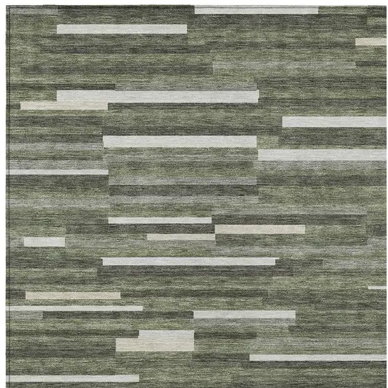 Olive Green Gray And Ivory Striped Washable Indoor Outdoor Area Rug Photo 7