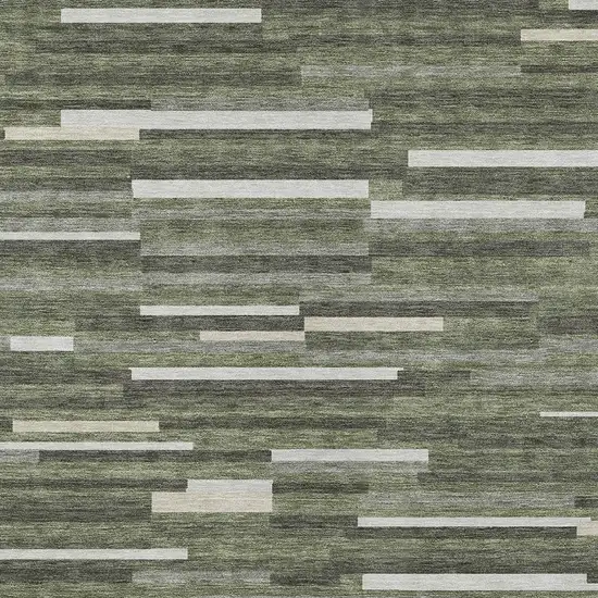 Olive Green Gray And Ivory Striped Washable Indoor Outdoor Area Rug Photo 7