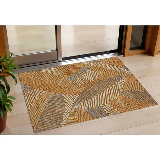 Orange Beige And Gray Floral Washable Indoor Outdoor Area Rug Photo 1