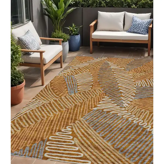 Orange Beige And Gray Floral Washable Indoor Outdoor Area Rug Photo 1