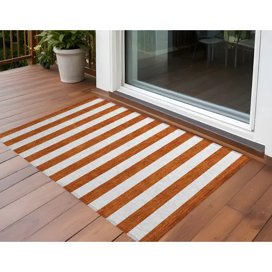 Orange Striped Washable Non Skid Indoor Outdoor Area Rug Photo 1