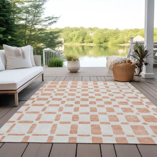 Peach And Beige Geometric Washable Indoor Outdoor Area Rug Photo 8