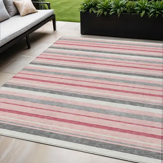 Pink And Gray Striped Washable Indoor Outdoor Area Rug Photo 1