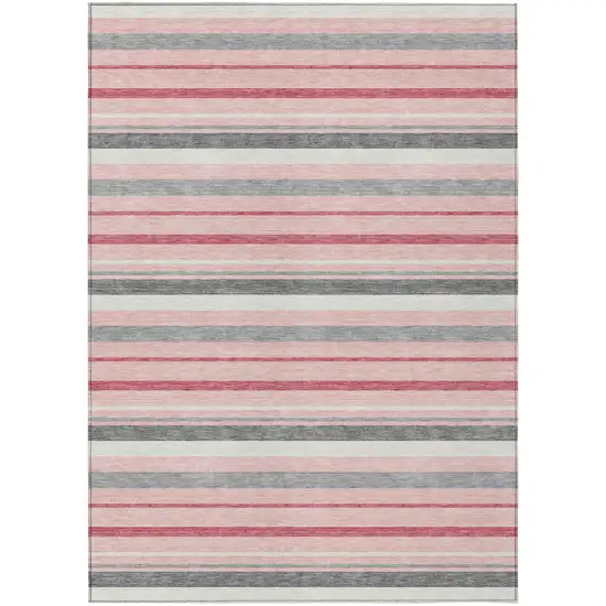 Pink And Gray Striped Washable Indoor Outdoor Area Rug Photo 2