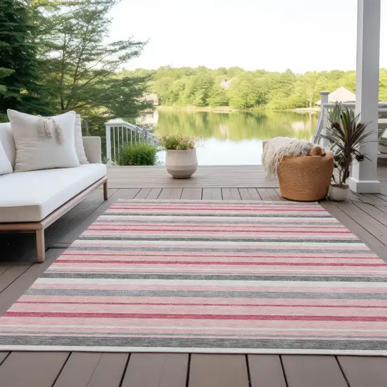 Pink And Gray Striped Washable Indoor Outdoor Area Rug Photo 9
