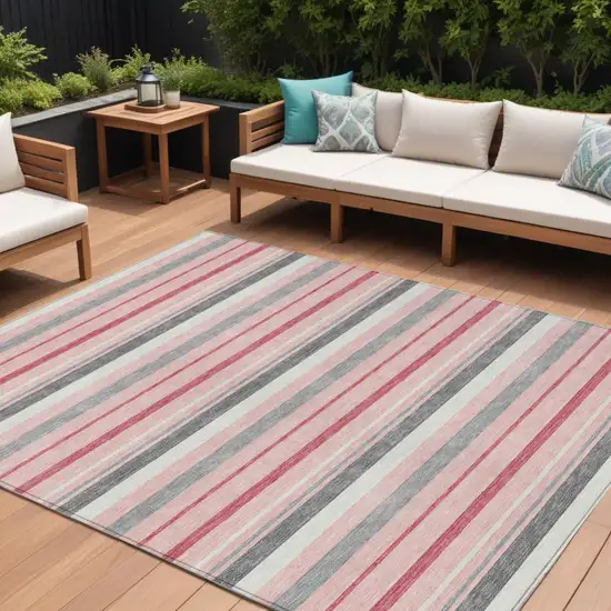 Pink And Gray Striped Washable Indoor Outdoor Area Rug Photo 1