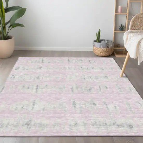 Pink And Gray Striped Washable Indoor Outdoor Area Rug Photo 9