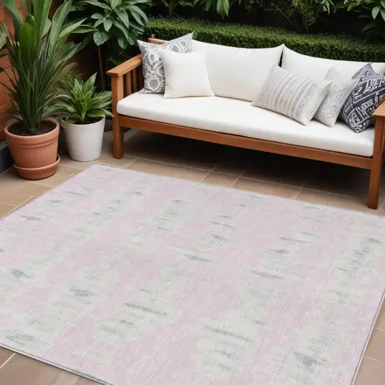Pink And Gray Striped Washable Indoor Outdoor Area Rug Photo 1