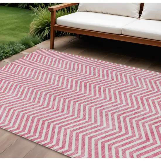 Pink And Ivory Chevron Washable Indoor Outdoor Area Rug Photo 1