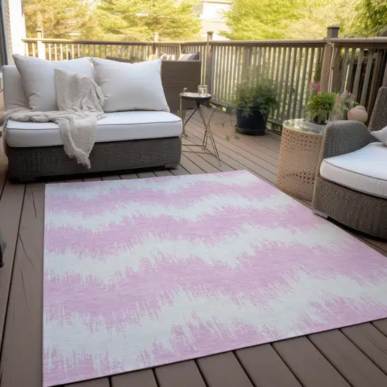 Pink And Ivory Chevron Washable Indoor Outdoor Area Rug Photo 9