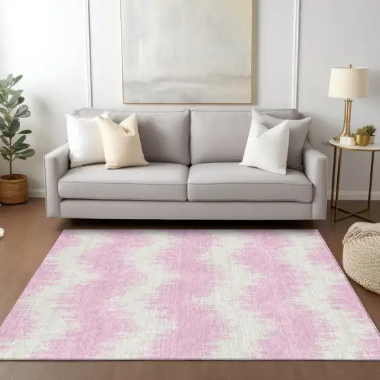Pink And Ivory Chevron Washable Indoor Outdoor Area Rug Photo 8