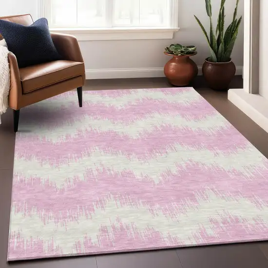 Pink And Ivory Chevron Washable Indoor Outdoor Area Rug Photo 7