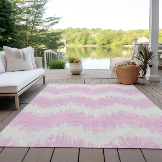 Pink And Ivory Chevron Washable Indoor Outdoor Area Rug Photo 6