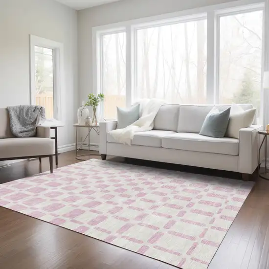 Pink And Ivory Geometric Washable Indoor Outdoor Area Rug Photo 9