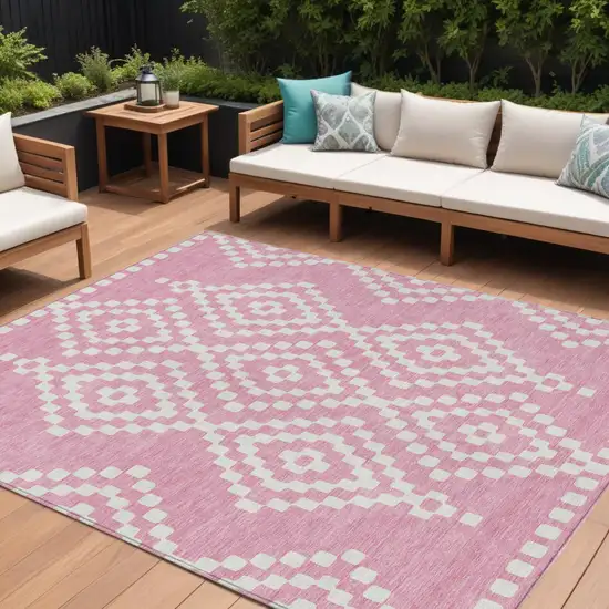 Pink And Ivory Geometric Washable Indoor Outdoor Area Rug Photo 1