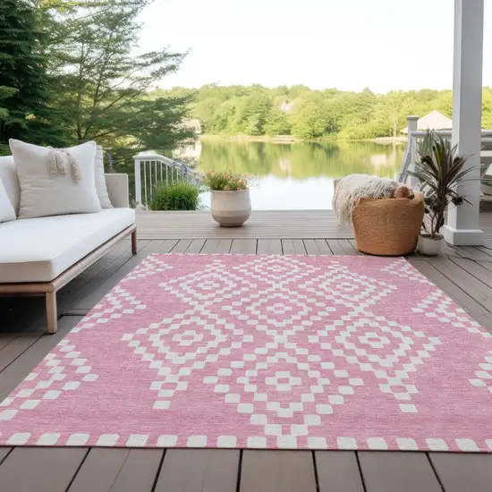 Pink And Ivory Geometric Washable Indoor Outdoor Area Rug Photo 9