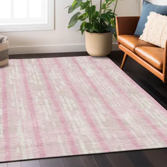 Pink And Ivory Striped Washable Indoor Outdoor Area Rug Photo 9