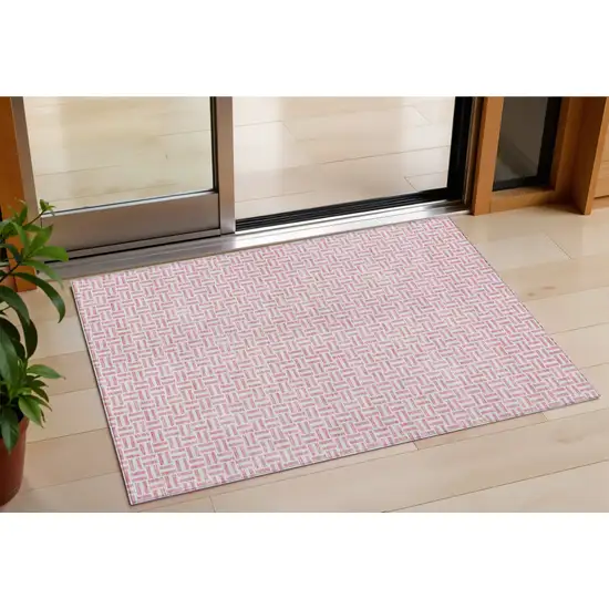 Pink And Silver Geometric Washable Indoor Outdoor Area Rug Photo 1