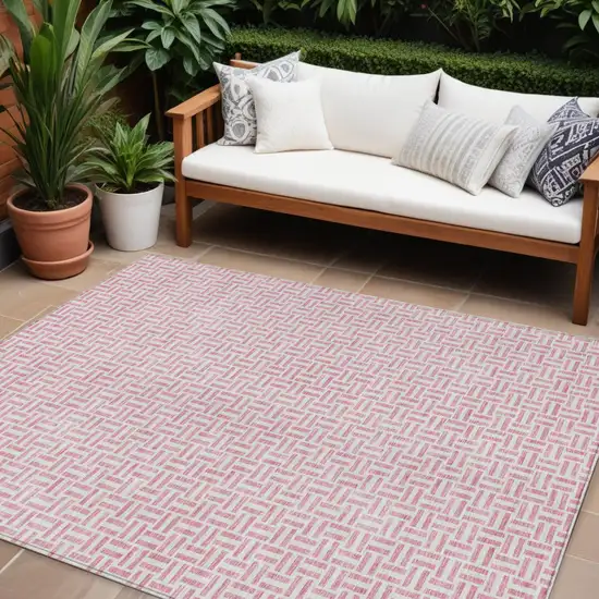 Pink And Silver Geometric Washable Indoor Outdoor Area Rug Photo 1