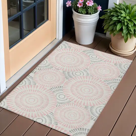 Pink Gray And Ivory Geometric Washable Indoor Outdoor Area Rug Photo 1