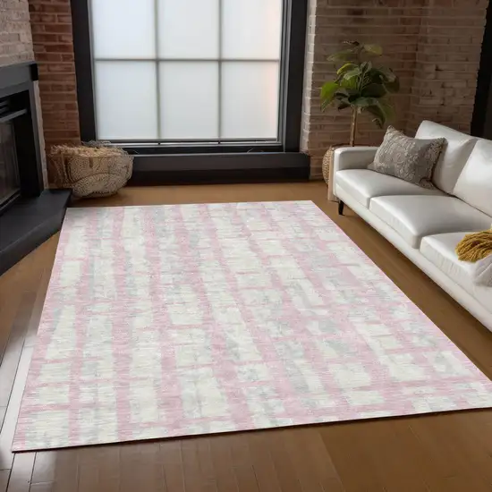 Pink Gray And Ivory Striped Washable Indoor Outdoor Area Rug Photo 9